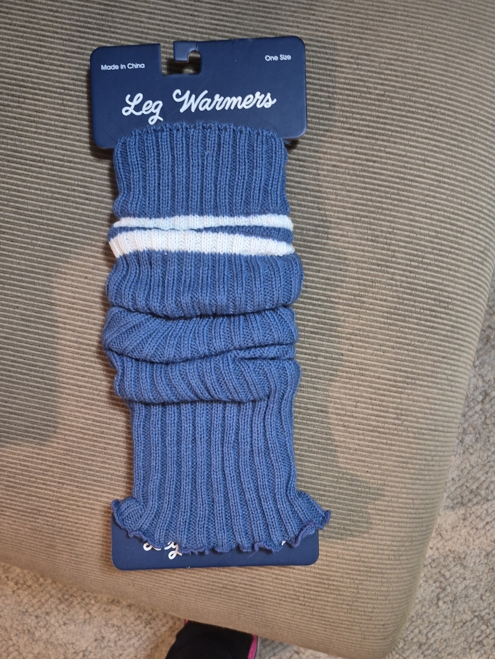 Blue Ribbed Leg Warmers with White Stripe